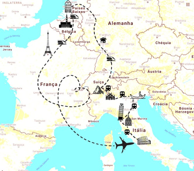 Mapa com roteiro de viagem de trem pela Europa