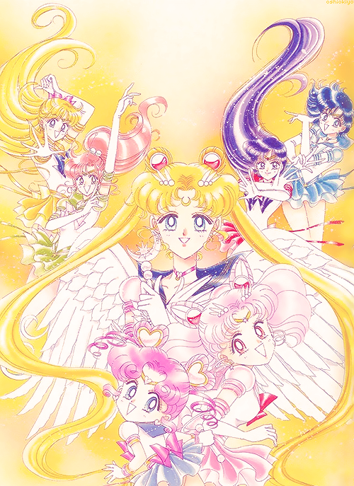 Sailor Moon e guardiãs em ilustração do mangá Sailor Moon