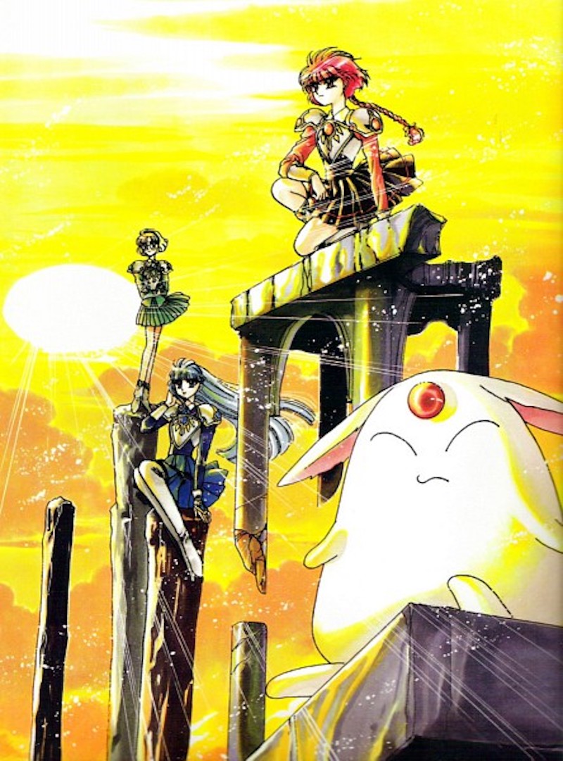 Mokona, Fuu, Umi e Hikaru em Guerreiras Mágicas de Rayearth