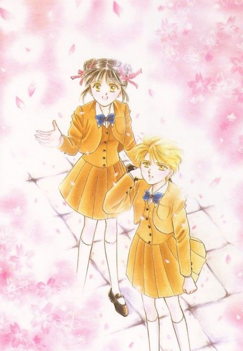 Miaka e Yui em ilustração do mangá Fushigi Yuugi