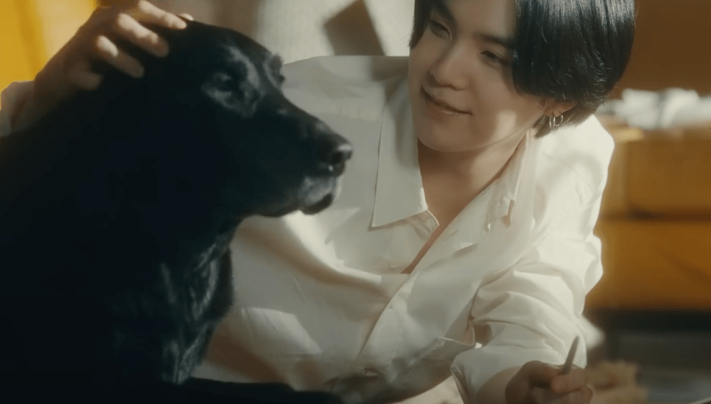 Suga do BTS com cachorro preto no MV da música People Pt. 2