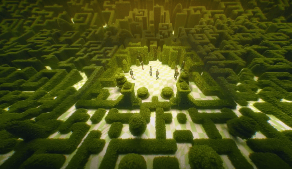 Chenle, Haechan, Jaemin, Jeno, Jisung, Mark e Renjun do NCT Dream buscam saída de labirinto em uma das cenas de ISTJ do álbum ISTJ