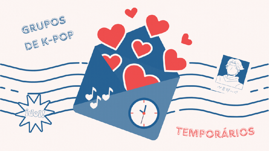 Ilustração ide carta com corações e elementos do K-Pop que simbolizam os grupos de K-Pop temporários