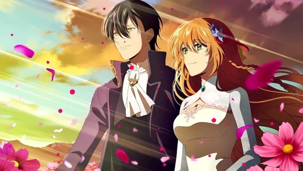 Cena do anime Kanojo ga Koushaku-Tei ni Itta Riyuu com Noah e Raeliana ao ar livre e flores ao redor do casal