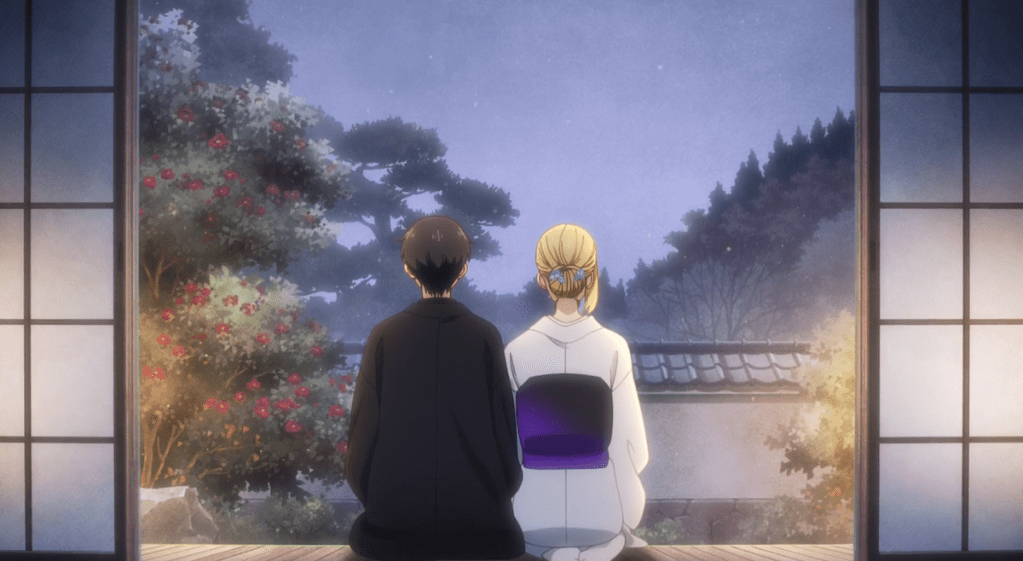 Cena do anime Otonari ni Ginga com Kuga e Shiori na varanda de uma casa japonesa, vestindo roupas tradicionais