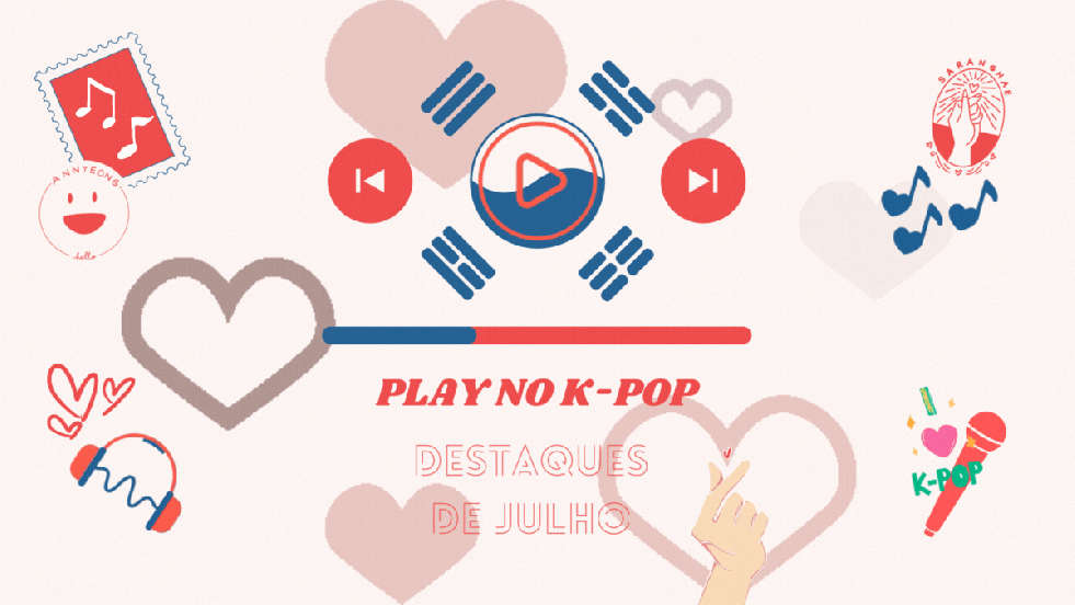 IIustração com elementos do K-pop para a capa de lançamentos do K-pop em destaque no mês de julho