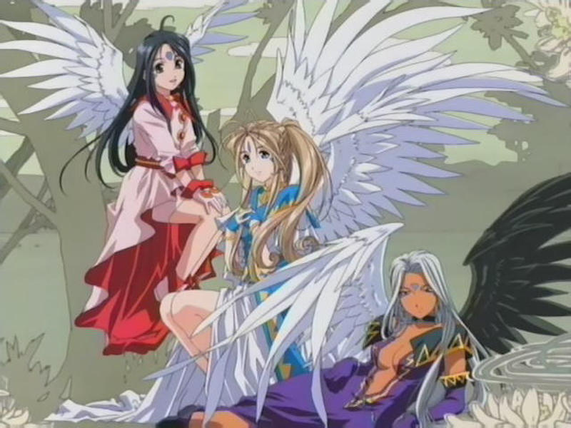 Ilustração do anime Ah! Megami-Sama com Skuld, Belldandy e Urd