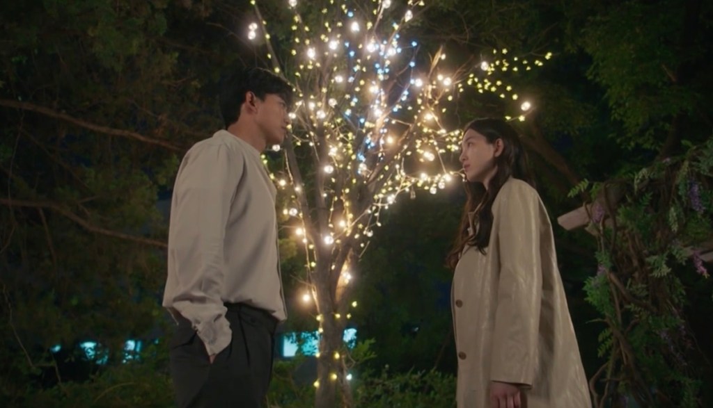 Cena do K-Drama Heartbeat com Woo-Hyeol (TaecYeon) e In-Hae (Jin-An) olhando um para o outro na companhia de uma árvore toda iluminada