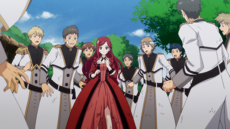 Ilustração do anime Higeki no Genkyou to naru Saikyou Gedou Last Boss Joou wa Min no Tame ni Tsukushimasu com Pride no centro, cercada por soldados