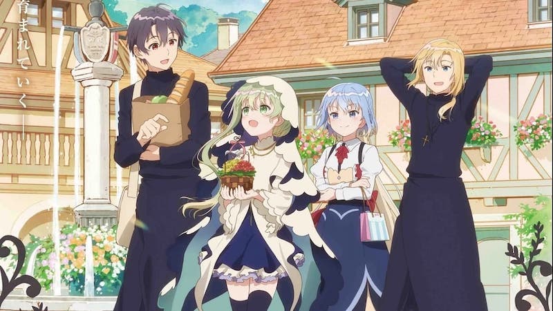 Ilustração do anime Shiro Seijo to Kuro Bokushi com Lawrence, Cecilia, Haselita e Abel caminhando com compras pela comunidade