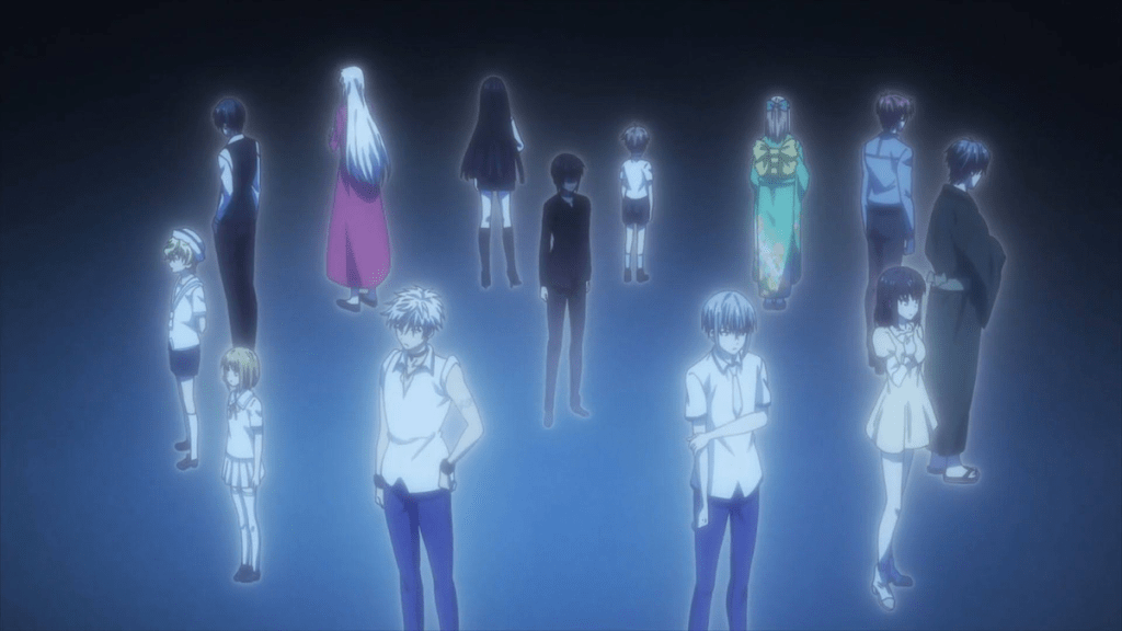 Cena de Fruits Basket 2019 com os membros do zodíaco unidos pelas correntes de uma maldição