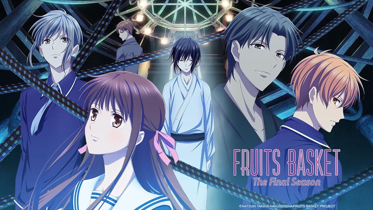 Cena de Fruits Basket 2019 com os membros do zodíaco unidos pelas correntes de uma maldição e Tohru ao centro