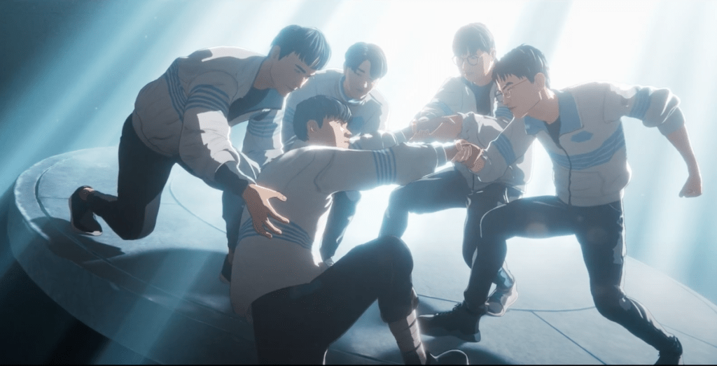 Cena do MV de "GODS", hino do Campeonato Mundial de League of Legends de 2023, com Deft e sua equipe