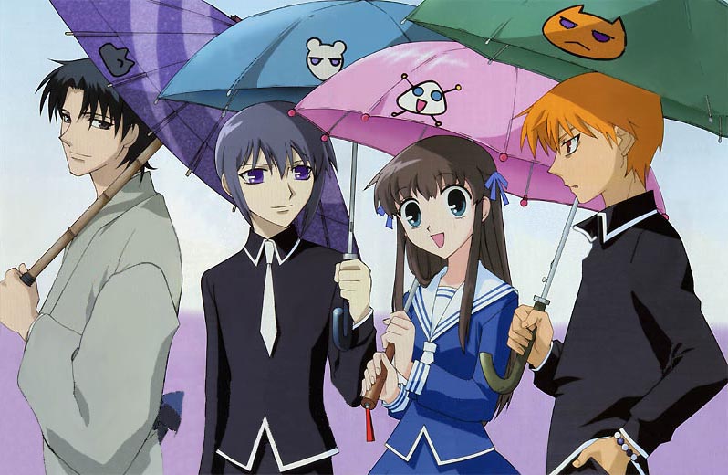 Cena de Fruits Basket 2001 com Shigure, Yuki, Tohru e Kyo segurando sombrinhas coloridas
