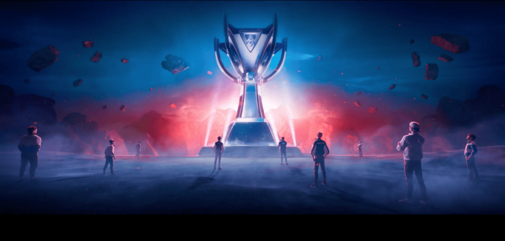 Cena do MV de "GODS", hino do Campeonato Mundial de League of Legends de 2023, jogadores de olho no troféu de campeão
