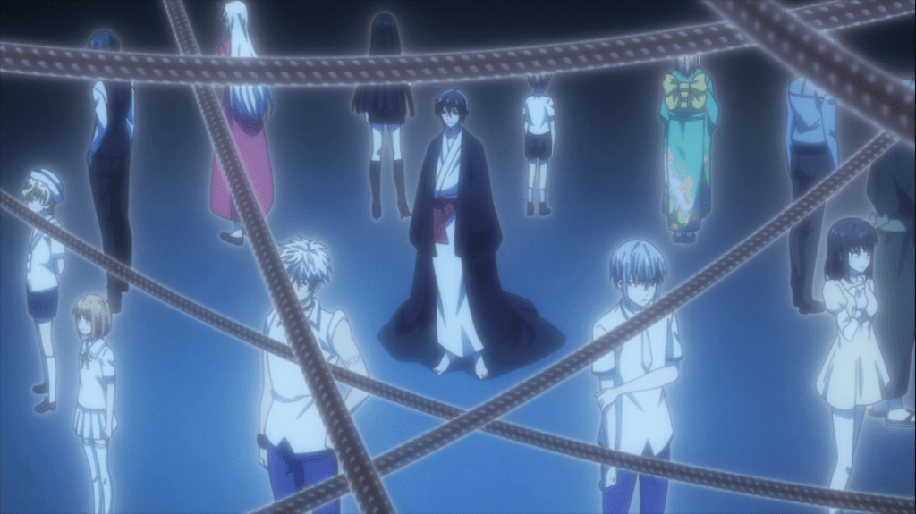 Cena de Fruits Basket 2019 com os membros do zodíaco unidos pelas correntes de uma maldição