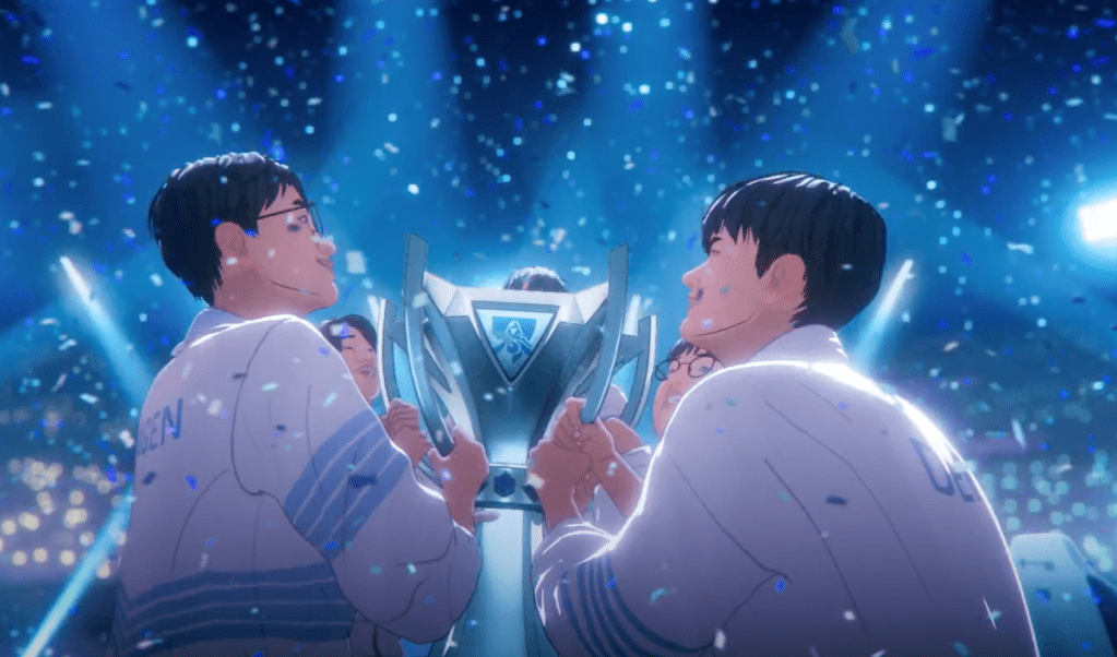 Cena do MV de "GODS", hino do Campeonato Mundial de League of Legends de 2023, com Deft levantando o troféu de campeão