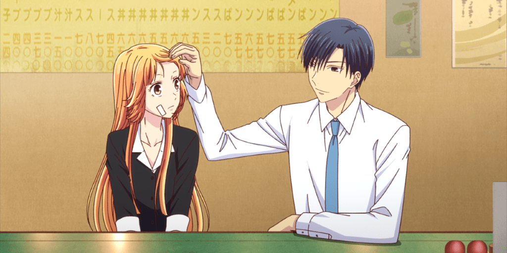 Cena do filme Fruits Basket: Prelude com Kyoko e Katsuya passando a mão em seu cabelo