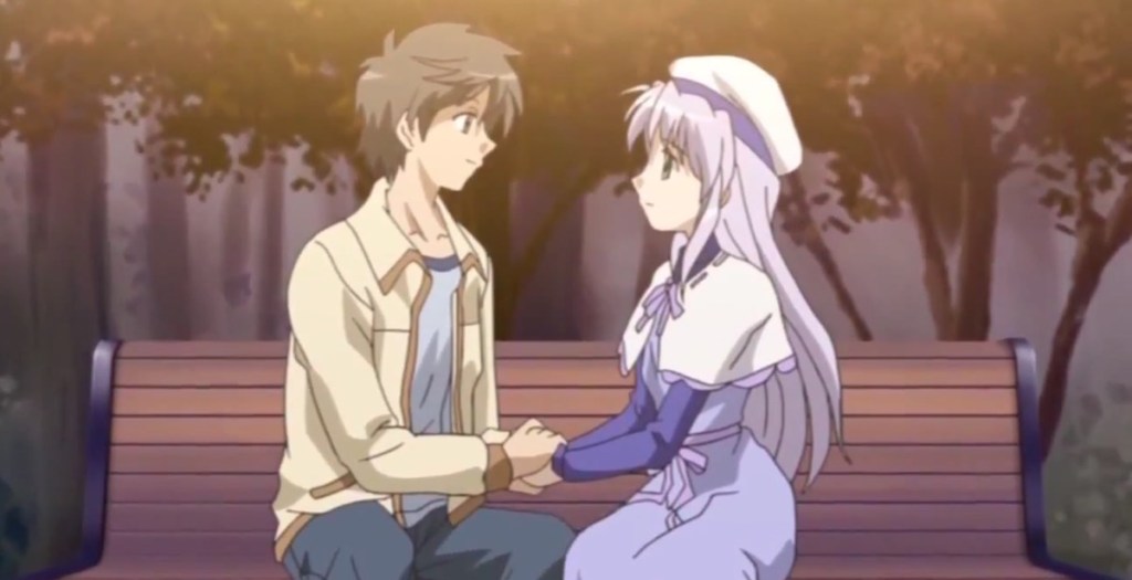 Cena do anime Yoake Mae Yori Ruriiro na com Tatsuya e Feena de mãos dadas e sentados no banco de um parque