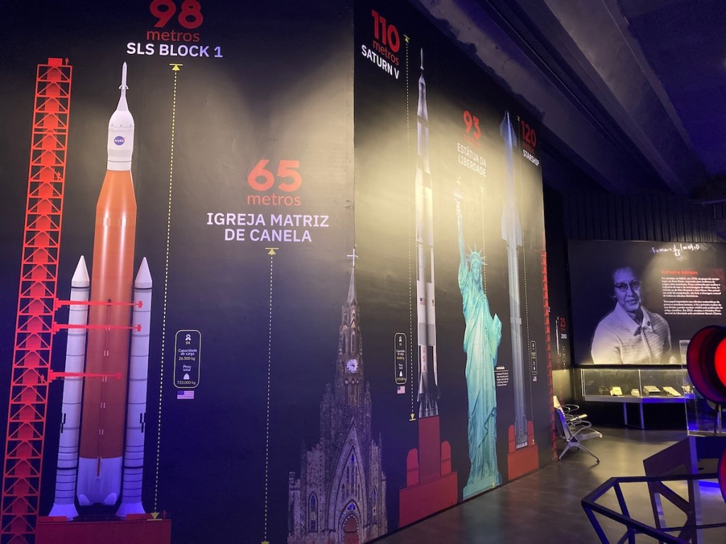 Vista de parede no Museu da Nasa em Canela com comparações entre as alturas de foguetes e monumentos, como a Igreja Matriz de Canela