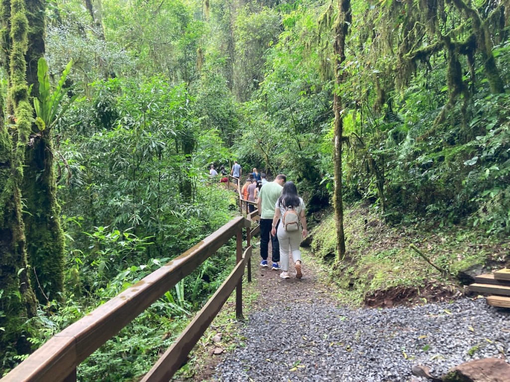 Pessoas caminhando na trilha do Pé da Cascata do Caracol em Canela, na serra gaúcha