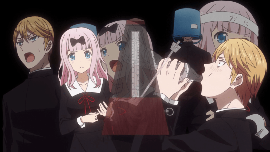 Shirogane Miyuki e Fujiwara Chika em montagem de treinamento no anime Kaguya-sama wa Kokurasetai