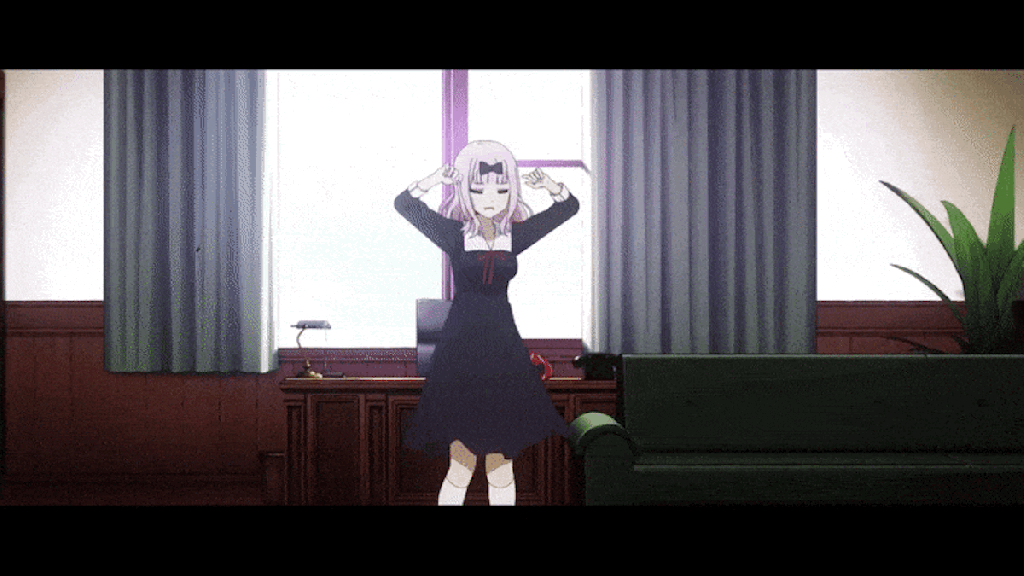 Gif com dança da Fujiwara Chika em um dos encerramentos do anime Kaguya-sama wa Kokurasetai
