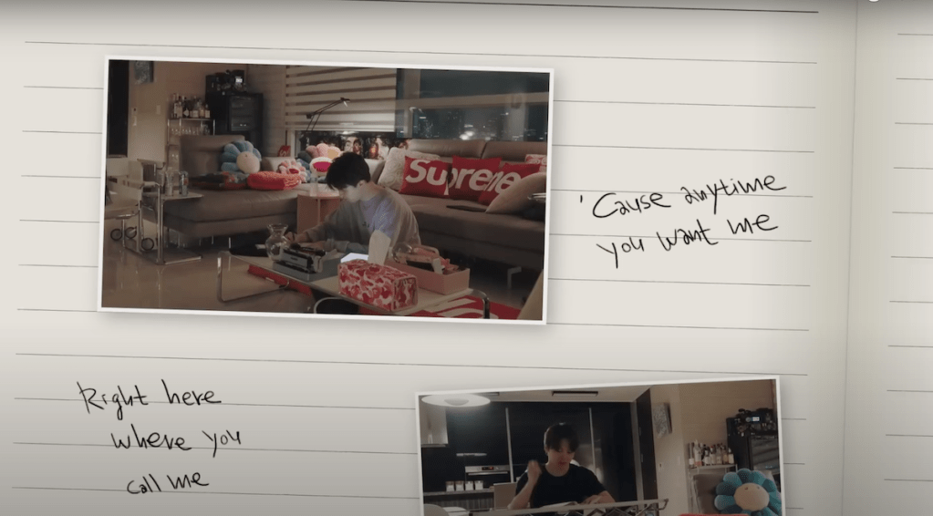 Montagem com imagens de Jimin (BTS) no MV de "Closer Than This" mostrando o idol escrevendo a letra da música