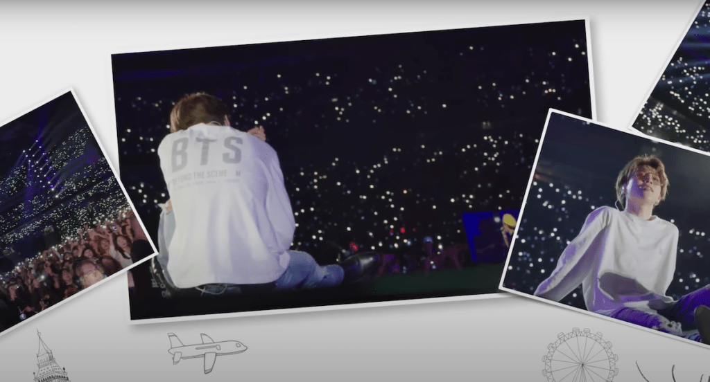 Montagem com imagens de Jimin (BTS) no MV de "Closer Than This" mostrando um dos shows da turnê do grupo