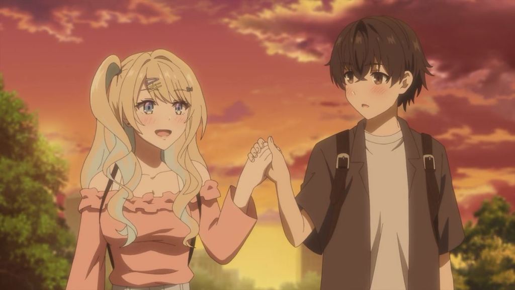 Runa e Ryuuto de mãos dadas em cena com pôr do sol no anime Kimizero