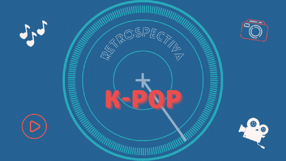 IIustração com elementos em animação para representar uma retrospectiva das melhores músicas de K-Pop de 2023