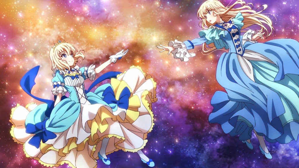 Mia em sua versão criança estende a mão para sua versão adulta nos créditos do anime Tearmoon