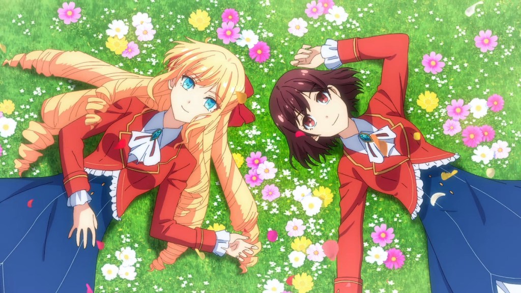 Claire e Rae deitadas em um gramado com flores na abertura do anime WataOshi