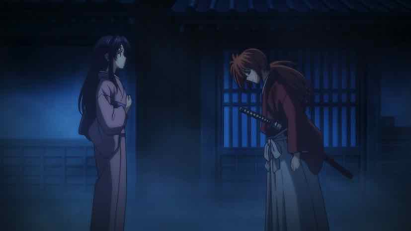 Cena noturna do remake de Rurouni Kenshin com Kenshin abaixando a cabeça na frente de Kaoru