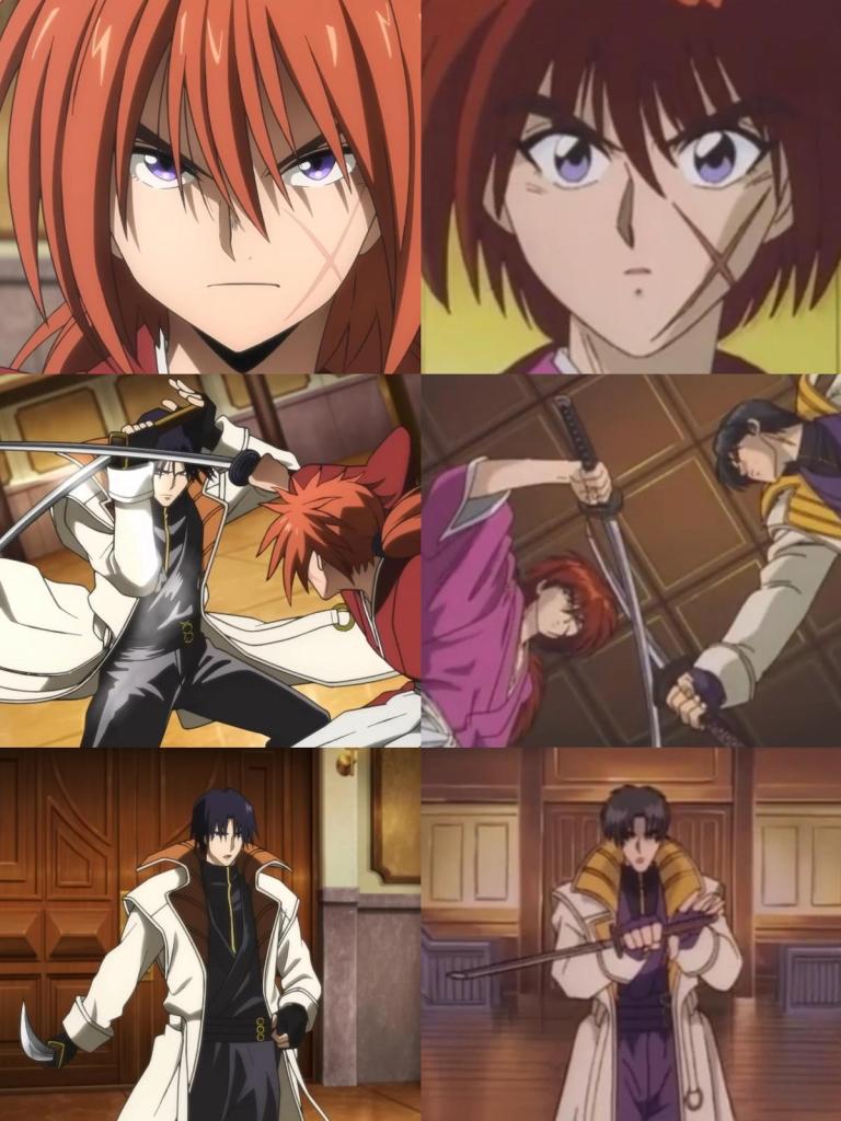 Imagem comparativa da cena de luta entre Kenshin e Aoshi no remake de Rurouni Kenshin e no clássico de 1996 [Crédito: Reedit]