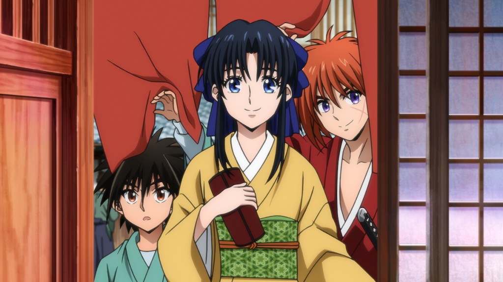 Cena do remake de Rurouni Kenshin com Yahiko, Kaoru e Kenshin entrando em um restaurante