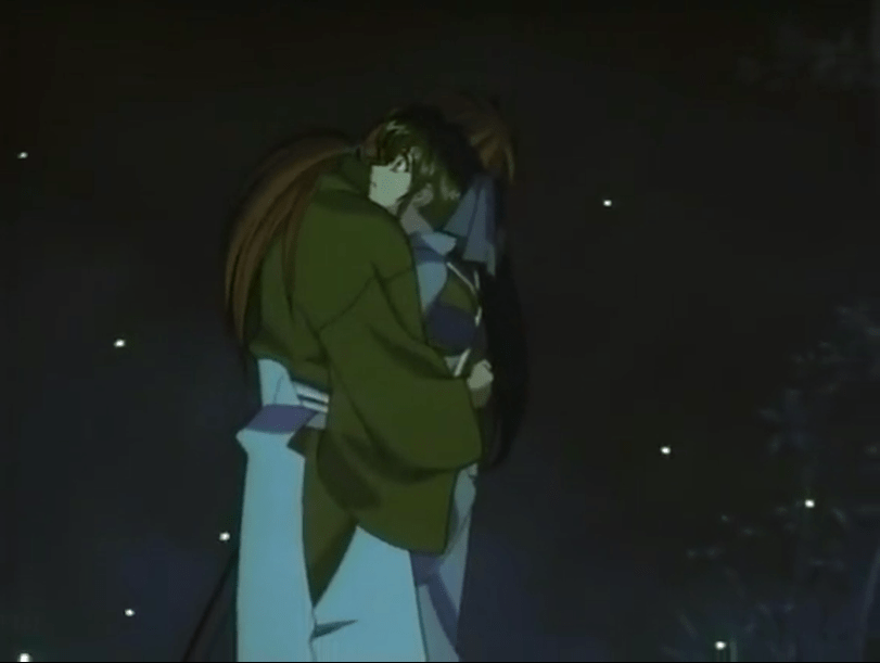 Cena do Rurouni Kenshin clássico de 1996 com Kenshin abraçando Kaoru antes de ir para Kyoto