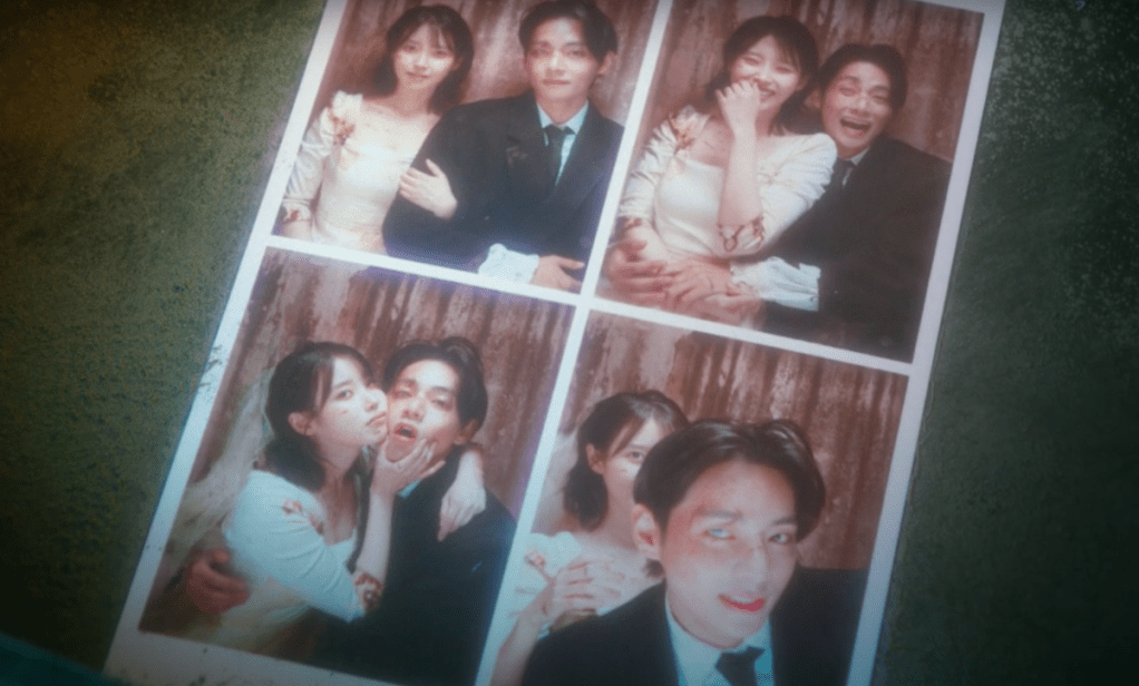 Cena do MV do single "Love wins all" com uma sequência de fotos com IU e V