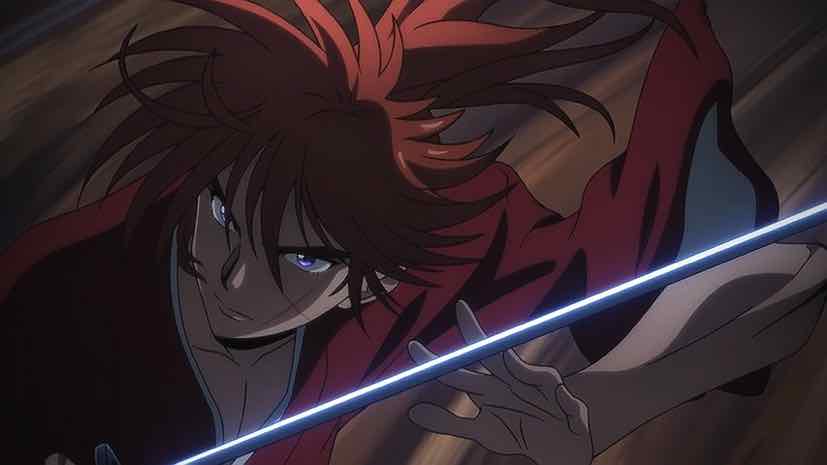 Cena do remake de Rurouni Kenshin com Kenshin em ação com sua sakabatou