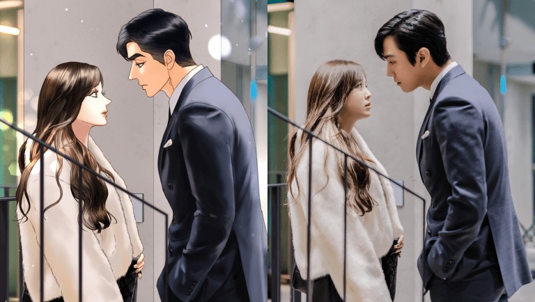Cena do webtoon à esquerda e do K-Drama Business Proposal à direita com Ha-Ri e Tae-Moo