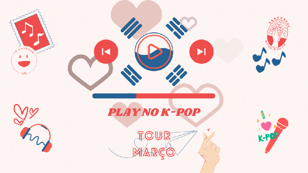 IIustração com elementos do K-pop para a capa de lançamentos do K-pop em destaque no mês de março