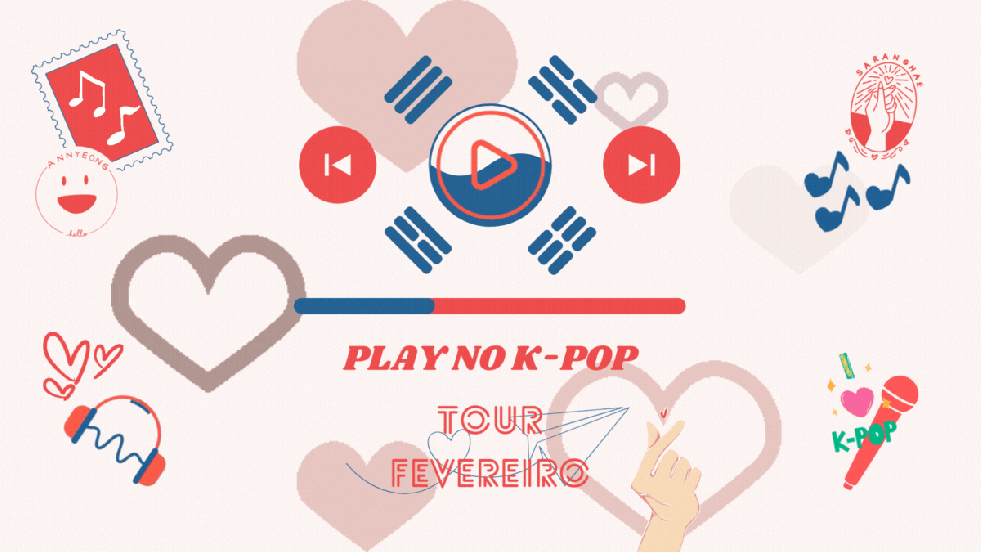 IIustração com elementos do K-pop para a capa de lançamentos do K-pop em destaque no mês de fevereiro