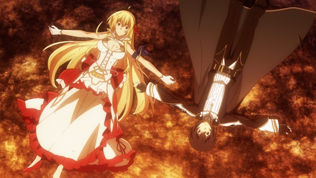 Cena do anime Kimi to Boku no Saigo no Senjou, Aruiwa Sekai ga Hajimaru Seisen (KimiSen) com Alice e Iska deitados no chão após uma intensa batalha