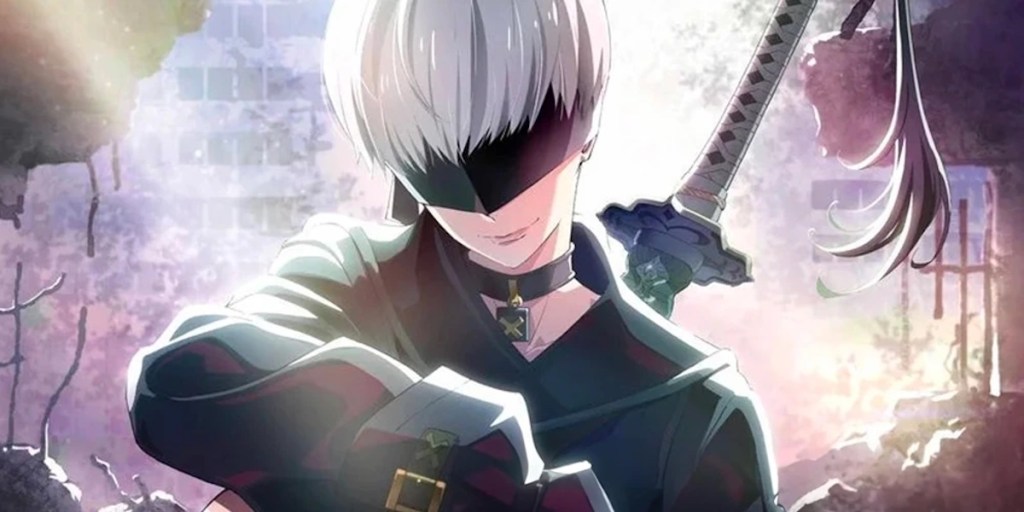 Cena do anime NieR: Automata Ver1.1A com 9S em pose, cercado pela luz do sol