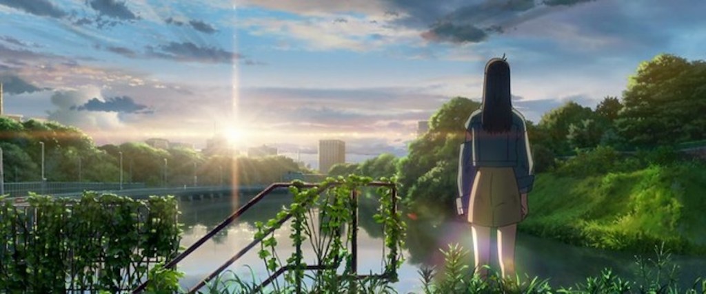 Cena do filme de Makoto Shinkai Suzume no Tojimari, Suzume está olhando o sol de pôr no horizonte