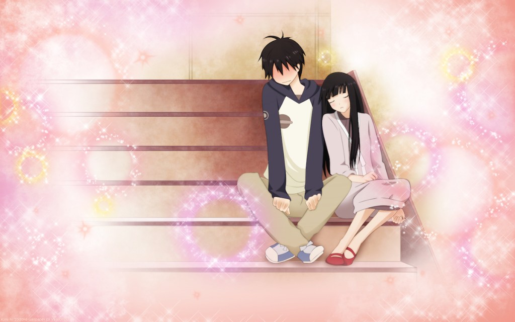 Imagem do anime Kimi ni Todoke com Sawako Kuronuma e Kazehaya Shouta, sentados na escada. Kuronuma dorme apoiada pelo ombro de Kazehaya