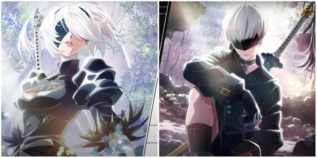 Pôster do anime NieR: Automata Ver1.1A com 2B do lado esquerdo e 9S do lado direito