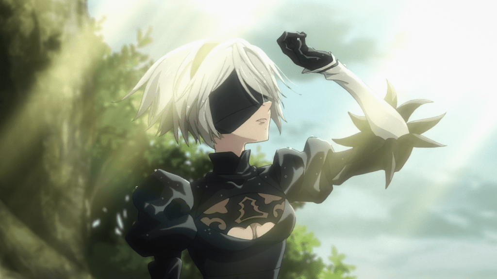 Cena do anime NieR: Automata Ver1.1A com 2B levando a mão ao rosto, cercada por reflexos da luz do sol
