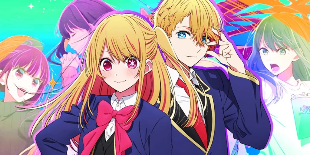 Imagem do anime Oshi no Ko com a Ruby e Aqua em destaque, Kana e Akane ao fundo