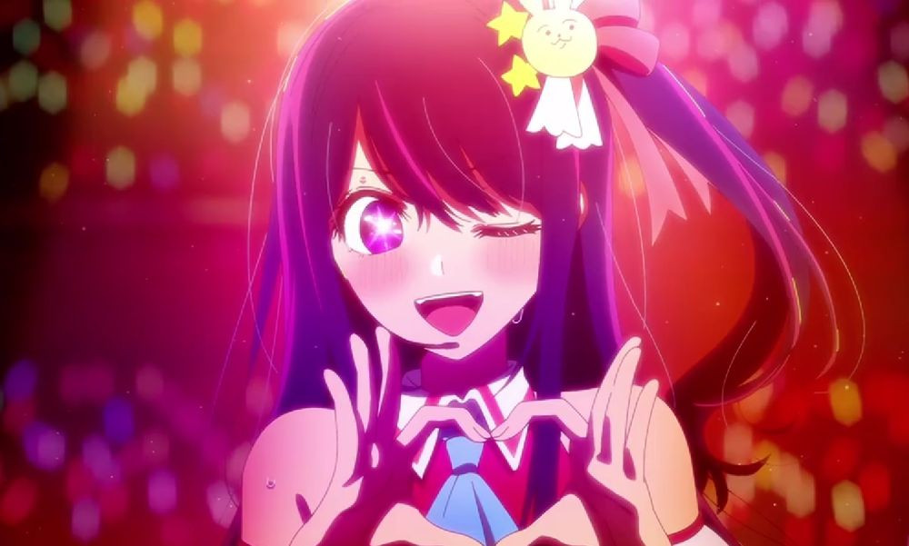 Imagem do anime Oshi no Ko com a idol Hoshino Ai fazendo um coração com as mãos